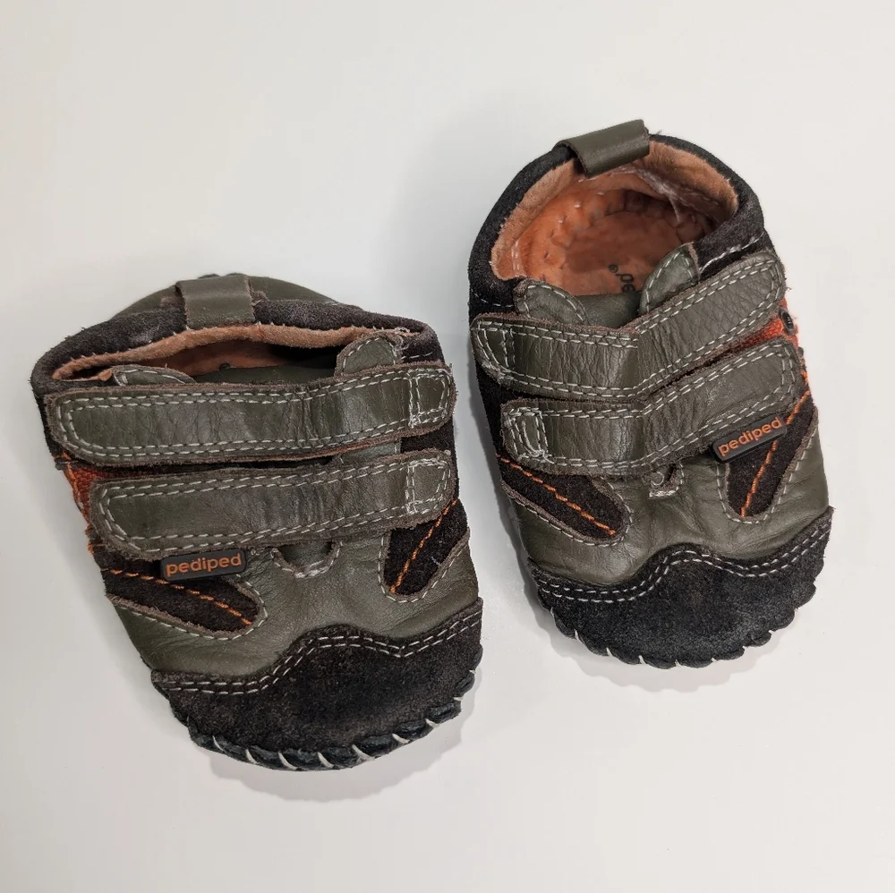 Pediped Leather Baby Shoes | Size 12–18 Months | Soft Sole Flex | Gray & Orange